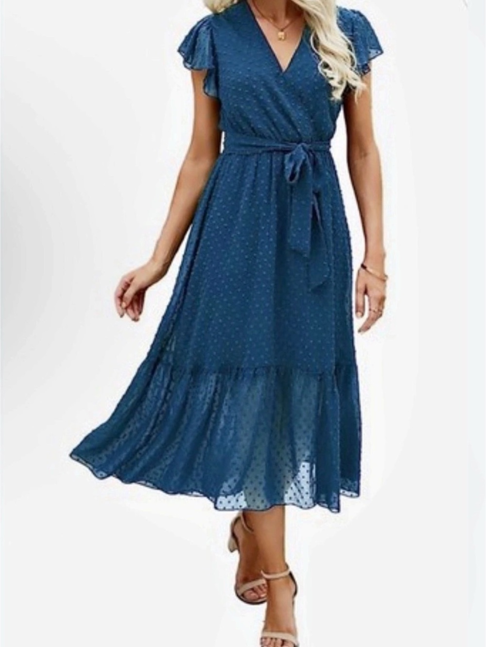 GENHOO jacquard chiffon Blue Polka Dot Midi Dress NWT Small